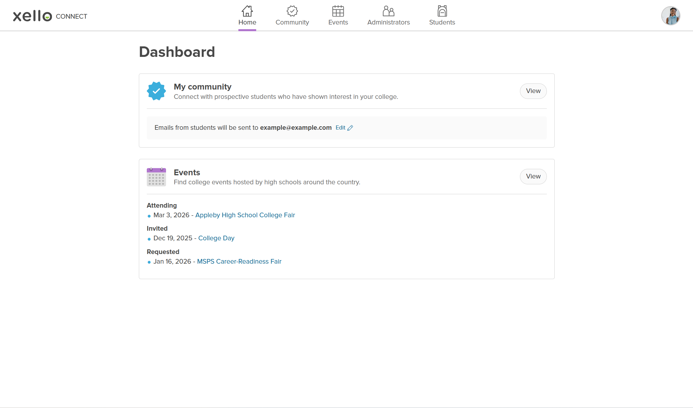 College partner dashboard. 